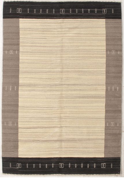 Handmade Gabbeh Beige and Gray Persian Style Rug Minimalist Stripe Design 5 x 8
