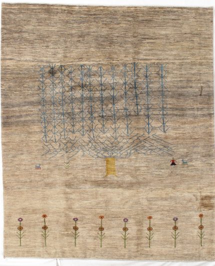 Handmade Gabbeh Beige and Taupe Persian Style Rug Tree and Flower Design 7 x 8
