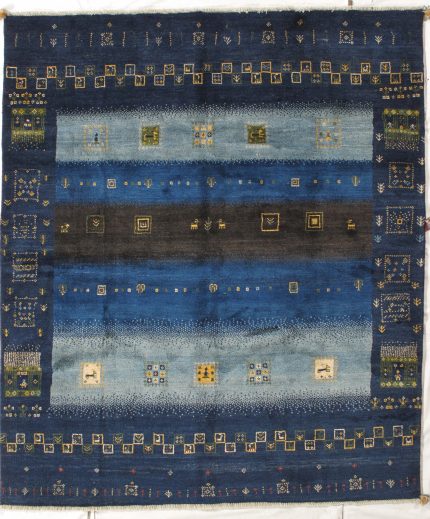 Handmade Gabbeh Blue and Brown Persian Style Rug Striped Gabbeh Design 7 x 8