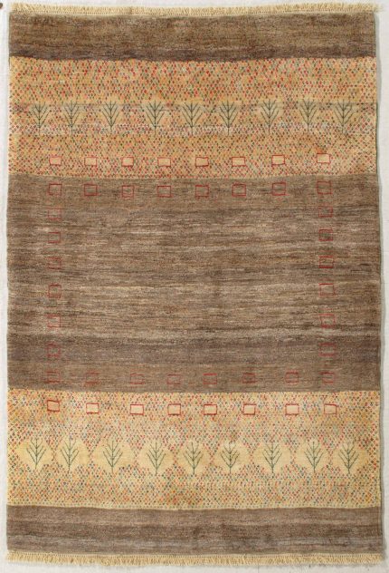 Handmade Gabbeh Brown and Beige Persian Style Rug Tree and Motif Panel Design 5 x 8