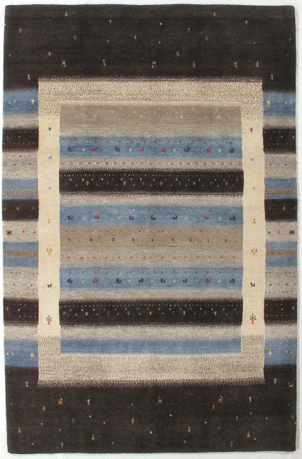Handmade Gabbeh Brown and Blue Persian Style Rug Striped Border Design 7 x 9