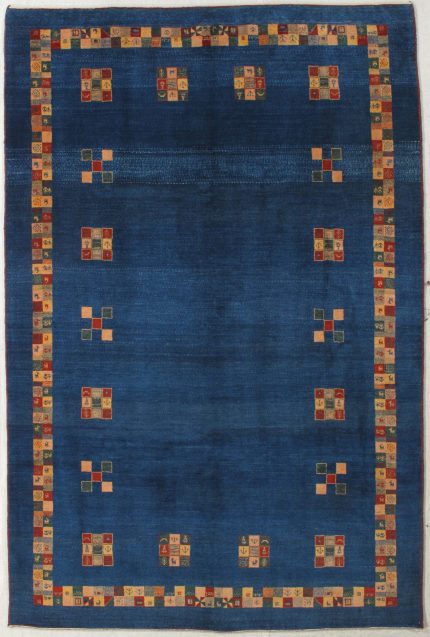 Handmade Gabbeh Navy Blue and Beige Persian Style Rug Square Motif Border Design 7 x 10