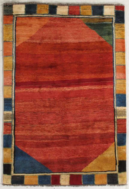 Handmade Gabbeh Orange and Red Persian Style Rug Geometric Border Design 5 x 8