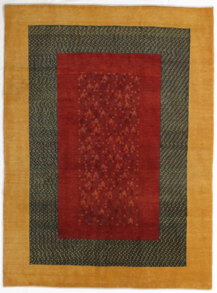 Handmade Gabbeh Red and Yellow Persian Style Rug Layered Border Design 6 x 8
