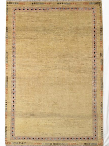 Handmade Gabbeh Taupe and Beige Persian Style Rug Geometric Border Design 7 x 10