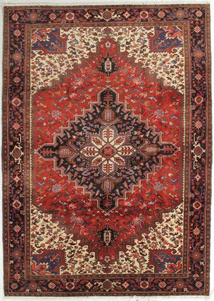 Handmade Red Beige and Black Persian Style Rug Heriz Pattern 8 x 11