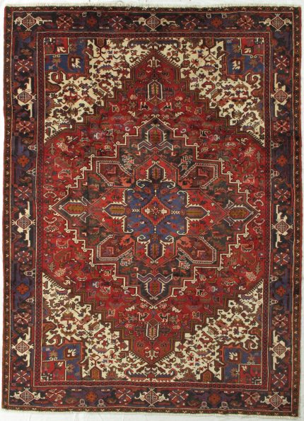 Handmade Red and Beige Persian Style Rug Heriz Pattern 8 x 11