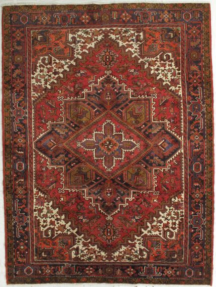 Handmade Red and Beige Persian Style Rug Heriz Pattern 9 x 11