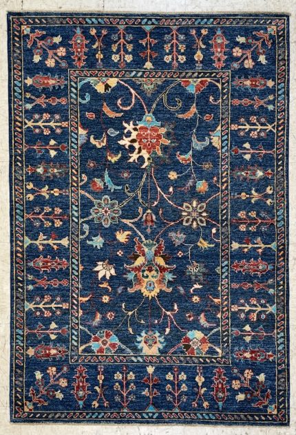 Navy Blue Handmade Wool Persian Style Rug Floral Medallion Pattern 4x5