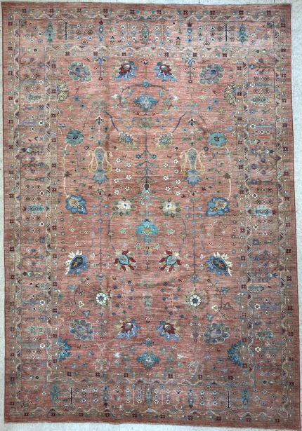 Pink and Blue Wool Persian Style Rug 7x10, Floral Area Rug for Living Room or Dining Room