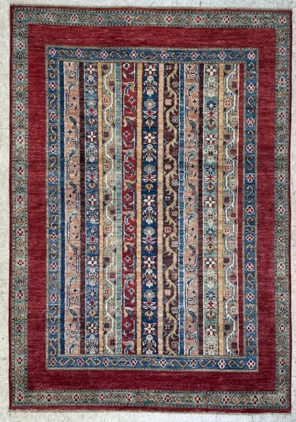 Red and Blue Handmade Wool Persian Style Rug Striped Panel Pattern 3x5