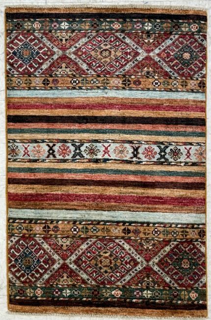 Red and Brown Handmade Wool Persian Style Area Rug 2x3, Geometric Striped Accent Rug
