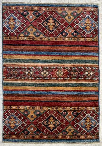 Red and Orange Handmade Wool Persian Style Area Rug 2x3, Geometric Striped Accent Rug