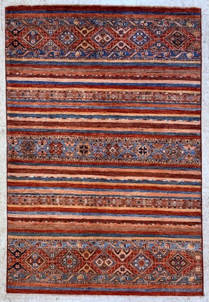 Red and Orange Handmade Wool Persian Style Rug Tribal Striped Pattern 3x5