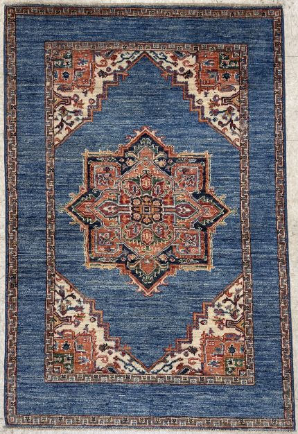 Blue and Orange Handmade Wool Persian Style Rug Geometric Medallion Pattern 3x5