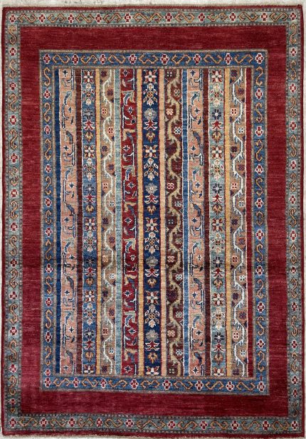 Red and Blue Handmade Wool Persian Style Rug Vintage Striped Pattern 3x5