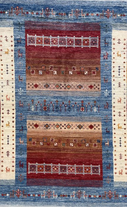 Blue and Red Handmade Wool Persian Style Rug Tribal Panel Pattern 4x6