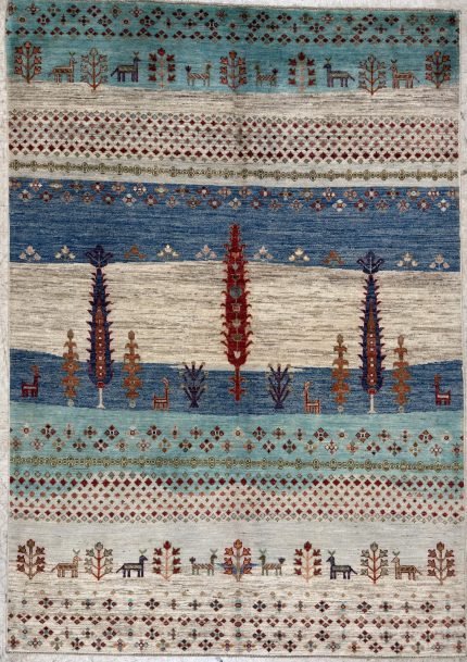 Beige and Blue Handmade Wool Persian Style Rug Tribal Striped Pattern 5x7