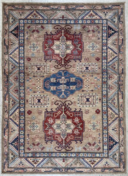 Beige and Red Handmade Wool Persian Style Rug Tribal Pattern 5x7
