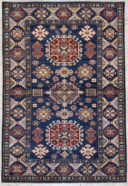 Navy Blue and Beige Handmade Wool Persian Style Rug Tribal Pattern 4x6