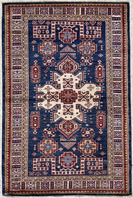 Navy Blue and Red Handmade Wool Persian Style Rug Tribal Pattern 4x6