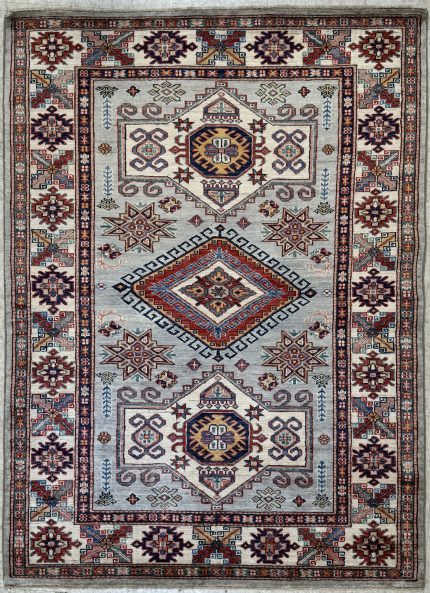 Blue and Red Hand-Knotted Wool Persian Style Rug Tribal Pattern 4x6