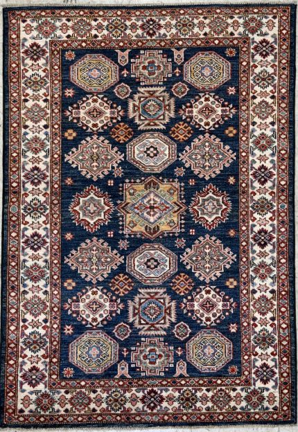 Navy Blue and White Handmade Wool Persian Style Rug Tribal Pattern 3x5
