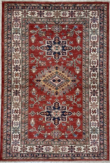 Red and White Hand-knotted Wool Persian Style Rug Tribal Pattern 3x5