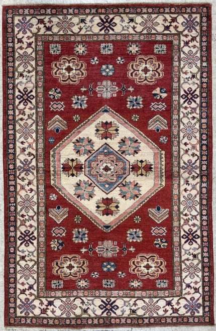 Red and Beige Handmade Wool Persian Design Rug Tribal Pattern 4x6