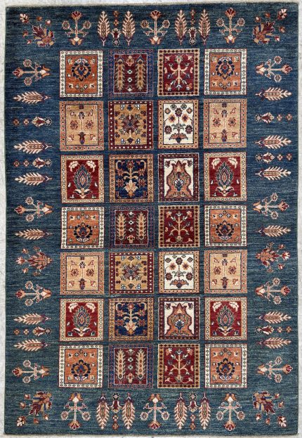 Blue and Red Handmade Wool Persian Style Rug Tile Pattern 4x6