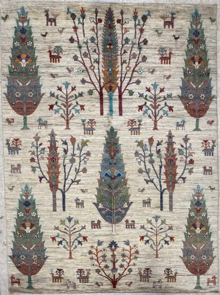 Beige and Green Handmade Wool Persian Style Rug Tree Design 5x7