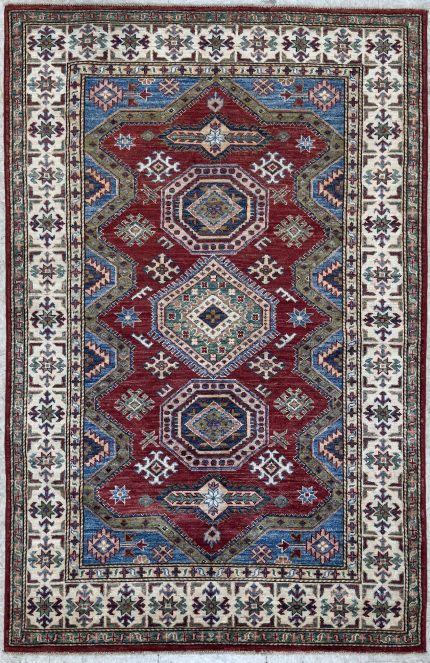 Red and Beige Handmade Wool Persian Style Rug Tribal Design 4x6