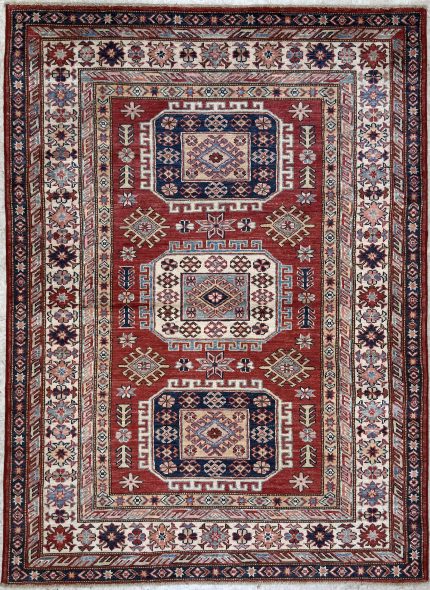 Red and Beige Handmade Wool Persian Style Rug Traditional Geometric Design 4x6