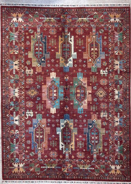 Red Handmade Wool Persian Style Rug Tribal Design 6x8
