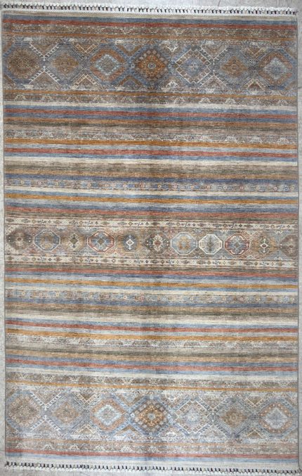 Beige and Green Handmade Wool Persian Style Rug Striped Tribal Design 6x9