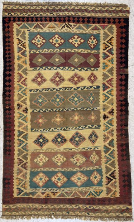 Yellow Handmade Wool Persian Style Rug Striped Tribal Design 5x8