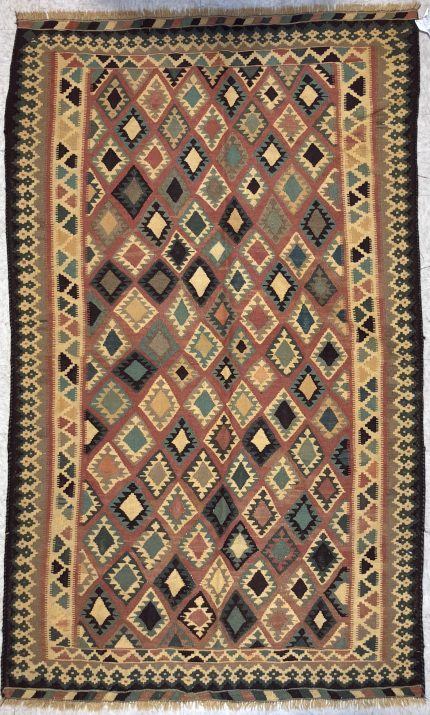 Yellow and Black Handmade Wool Persian Style Rug Geometric Diamond Design 5x8