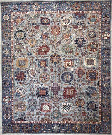 Blue and Pink Handmade Wool Persian Style Rug Hand-knotted Garden Panel Pattern 8x10