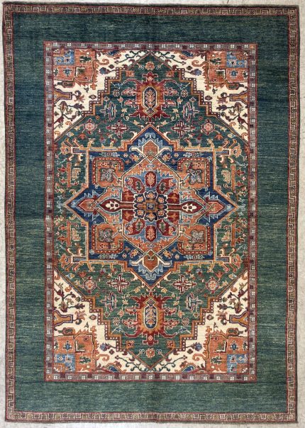 Green and Orange Handmade Wool Persian Style Rug Hand-knotted Medallion Tribal Pattern 6x8