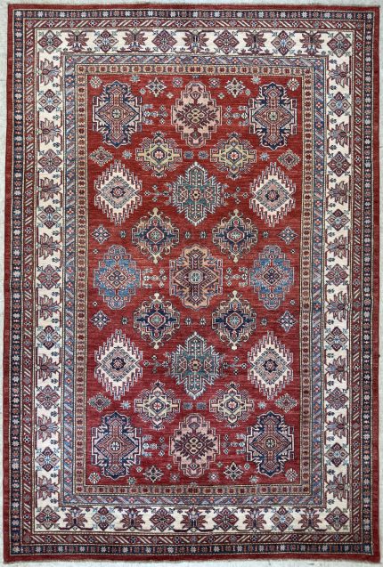 Red and Beige Handmade Wool Persian Style Rug Hand-knotted Geometric Medallion Pattern 6x9