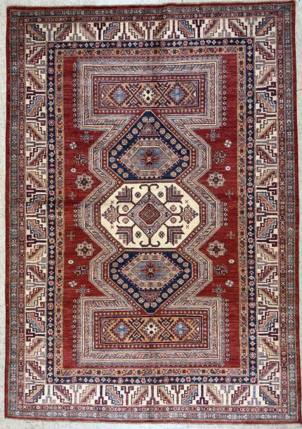 Red and Beige Handmade Wool Persian Style Rug Hand-knotted Tribal Medallion Pattern 6x8