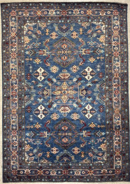 Blue and Beige Handmade Wool Persian Style Rug Hand-knotted Tribal Medallion Pattern 6x9