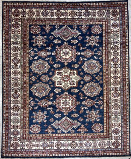 Navy Blue and White Handmade Wool Persian Style Rug Hand-knotted Allover Medallion Pattern 8x10