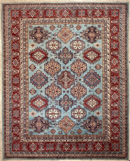 Blue and Red Handmade Wool Persian Style Rug Hand-knotted Geometric Medallion Pattern 8x10