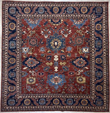 Red and Blue Handmade Wool Persian Style Rug Hand-knotted Floral Medallion Pattern 8x8