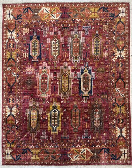 Red and Yellow Handmade Wool Persian Style Rug Hand-knotted Tribal Panel Pattern 5x6