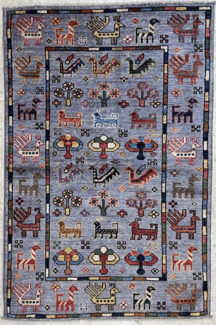 Blue and Red Handmade Wool Persian Style Rug Hand-knotted Pictorial Tribal Pattern 3x5