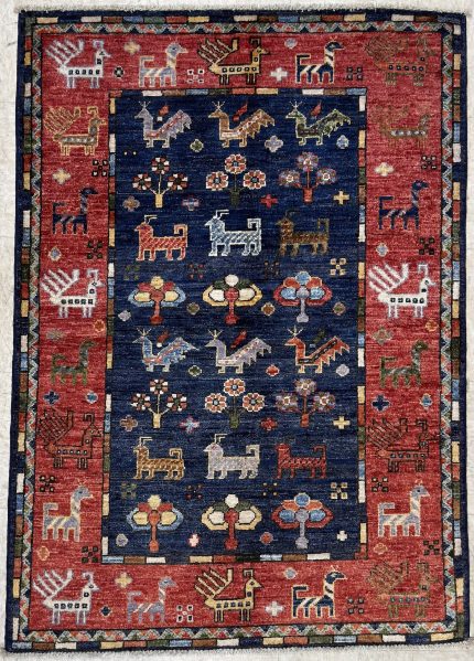 Navy Blue and Red Handmade Wool Persian Style Rug Hand-knotted Pictorial Tribal Pattern 3x5