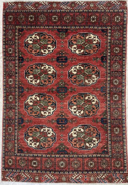 Red and Green Handmade Wool Persian Style Rug Hand-knotted Geometric Medallion Pattern 4x6