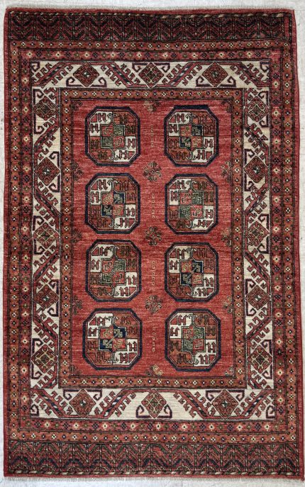 Red and Beige Handmade Wool Persian Style Rug Hand-knotted Octagonal Medallion Pattern 4x6